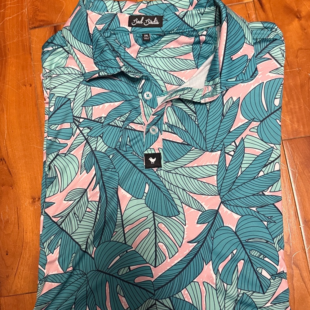 Bad Birdie Tropical Leaf Polo - Teal and Pink